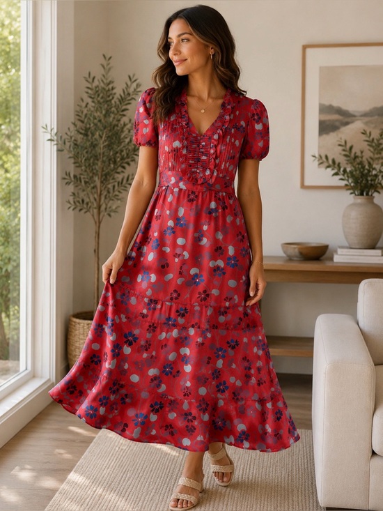 Marc Jacobs Dresses & Skirts - Marc Jacobs Red Satin Floral Midi Dress with Blue and Gray Accents
